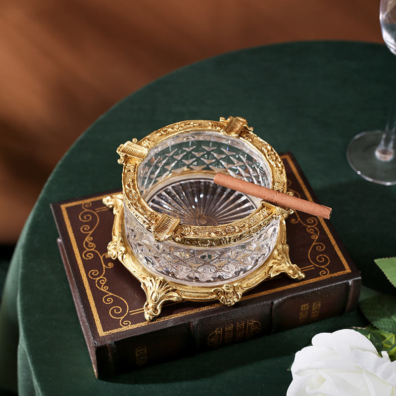 欧式复古水晶烟灰缸合镶铜雕花装饰经典工艺男士礼品家居摆件软装