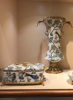 双美家居欧式客厅装饰玄关摆件陶瓷配铜桌面陈设家用软装饰品室内