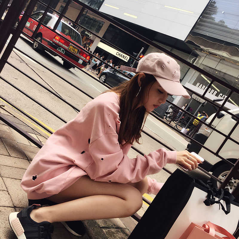 清仓韩国东大门卫衣女2024春装新款粉色破洞休闲宽松oversize外套