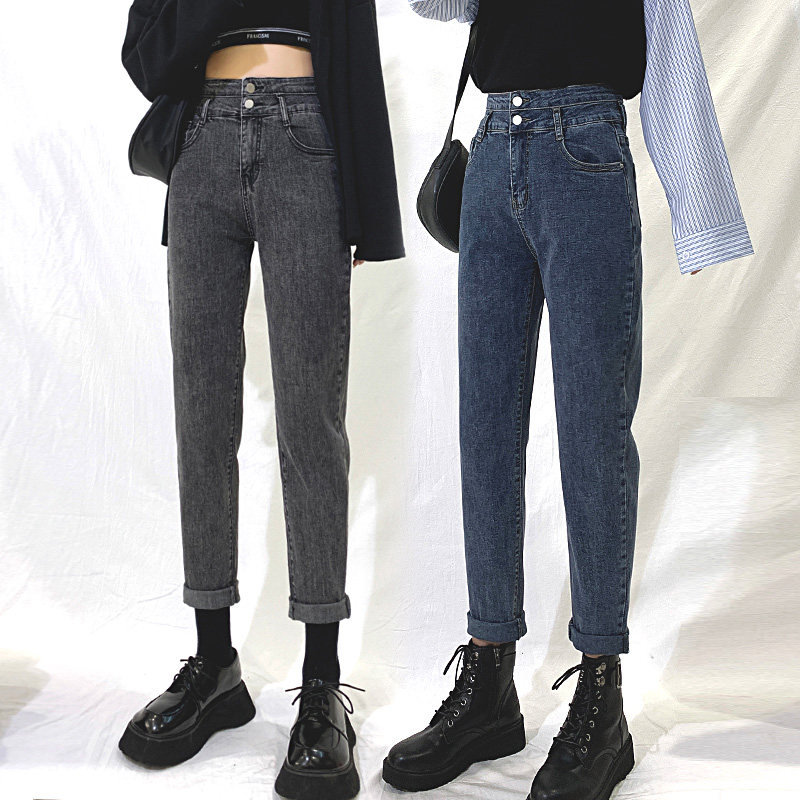 老爹牛仔裤女加绒高腰2021秋冬小个子大码弹力显瘦宽松萝卜哈伦裤