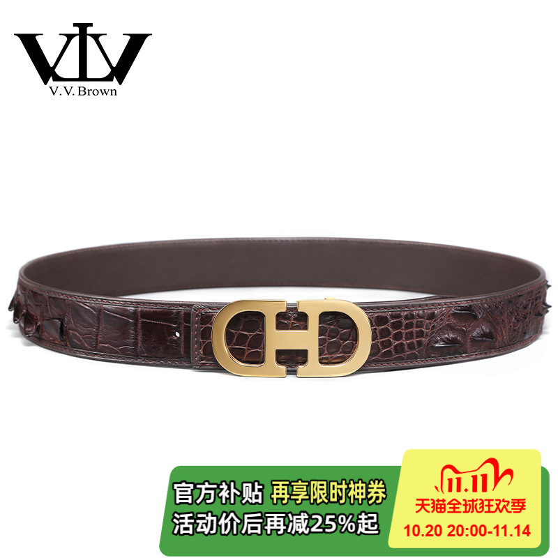 VVBrown意大利品牌正品鳄鱼皮皮带男奢侈品平滑扣真皮高档腰带男