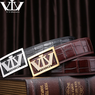V.V.Brown高档鳄鱼皮肚皮皮带男款轻奢平滑扣原创打孔裤腰带真皮