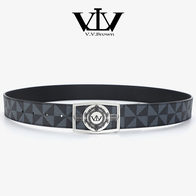 VVBrown正品皮带男真皮专柜正品平滑扣风车纹印花休闲商务腰带男