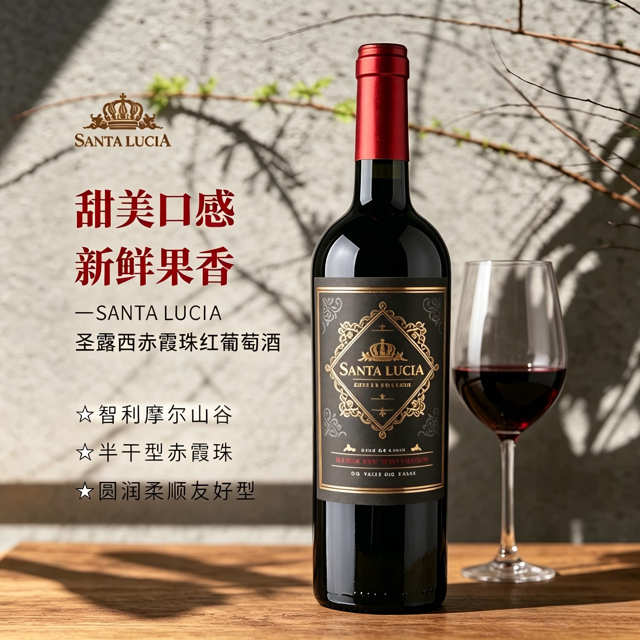 圣露西赤霞珠半干型红葡萄酒智利摩尔山谷原瓶原装进口红酒750ml