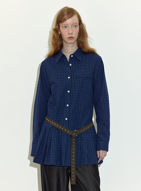 【格纹百褶】Berlinconch蓝色衬衫连衣裙学院风长袖女2024年秋冬