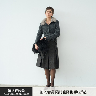 【漫步常青藤】BiLLconch羊毛混纺彩点肌理感半裙A字廓形百褶裙女