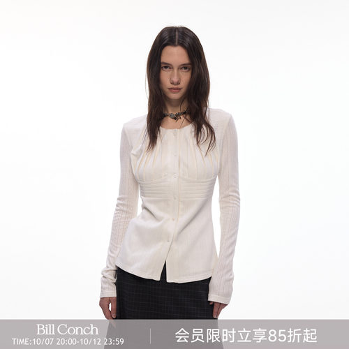【月光褶皱】BiLLconch镂空肌理感收腰衬衫法式白色针织开衫显瘦