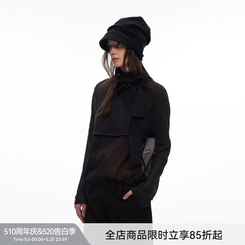 【夜纱序曲】BiLLconch网纱拼接微透假两件上衣绑带设计感长袖t恤