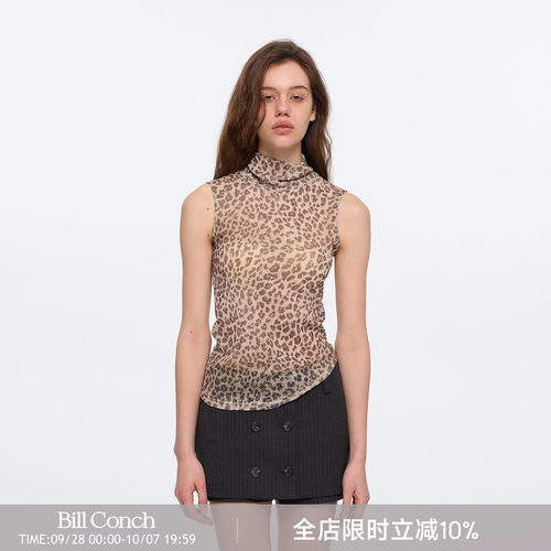 【薄雾猎手】BiLLconch复古豹纹半高领无袖背心网纱打底辣妹上衣