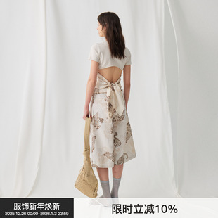 100%棉 BiLLconch植物染后背绑带T恤纯色镂空上衣夏季 植染露背