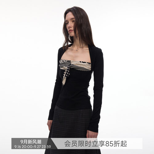 【叠影波点】BiLLconch高弹黑白长袖t恤波点修身假两件上衣女早秋