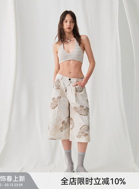 【阔腿七分】BiLLconch度假风100%棉七分短裤休闲阔腿印花裤夏季