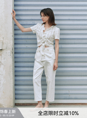 【不沾灰宣言】BiLLconch休闲层次九分裤春夏腰带直筒白裤子女