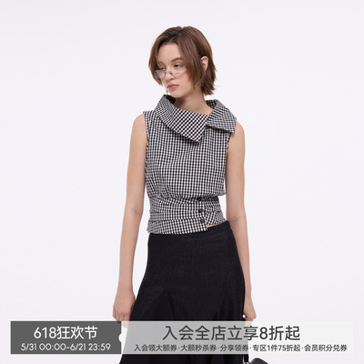 【格纹序曲】BiLLconch复古格子斜领上衣女100%纯棉收腰显瘦衬衫