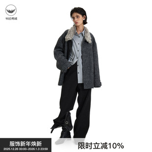 2024秋冬 BiLLconch灰色毛领羽绒服宽松中长款 翻领羽绒