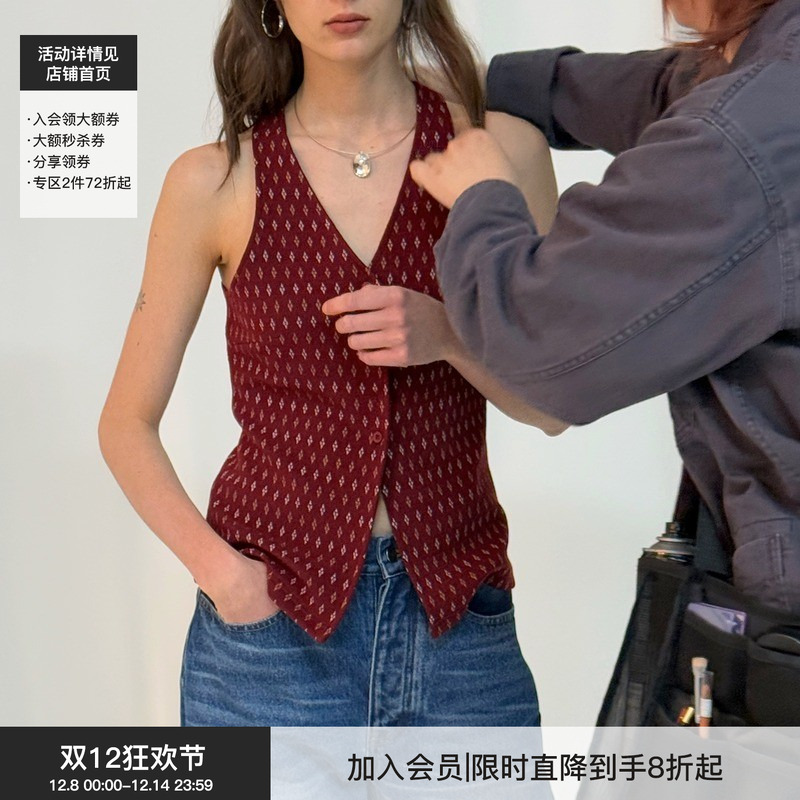 BiLLconch复古花形V领马甲背心