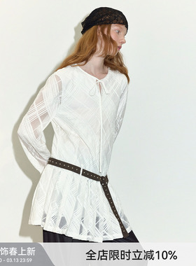 【半透格纹】Berlinconch法式白色长袖连衣裙子百褶裙2024年秋冬