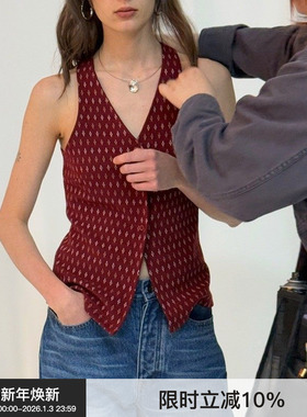 【复古马甲】BiLLconch复古花形V领马甲上衣红色独特设计小背心