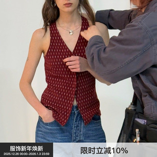 BiLLconch复古花形V领马甲上衣红色独特设计小背心 复古马甲