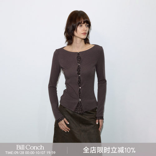 【波点剪影】BiLLconch假两件长袖t恤女波点拼接修身打底上衣内搭