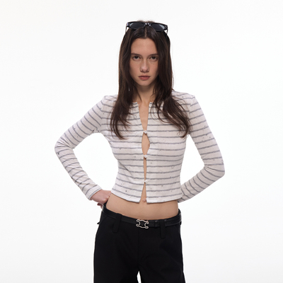 【闪闪星】BiLLconch灰白条纹星星短款上衣露脐辣妹风针织开衫女