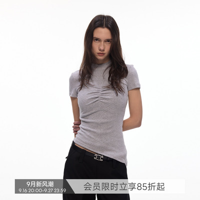 【女神轮廓】BiLLconch半高领胸部抽褶短袖T恤女100%棉修身上衣