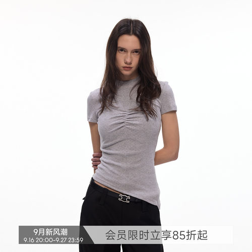 【女神轮廓】BiLLconch半高领胸部抽褶短袖T恤女100%棉修身上衣