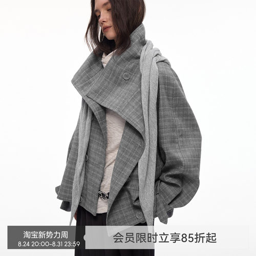 【都市漫行家】BiLLconch高智感·灰色格纹翻领格子外套披肩风衣