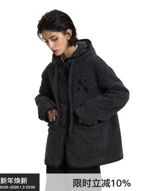 【彩纱绗棉】BiLLconch深灰连帽毛呢外套巴恩风秋冬加厚羊毛大衣
