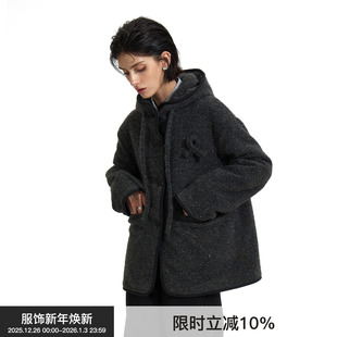 BiLLconch深灰连帽毛呢外套巴恩风秋冬加厚羊毛大衣 彩纱绗棉