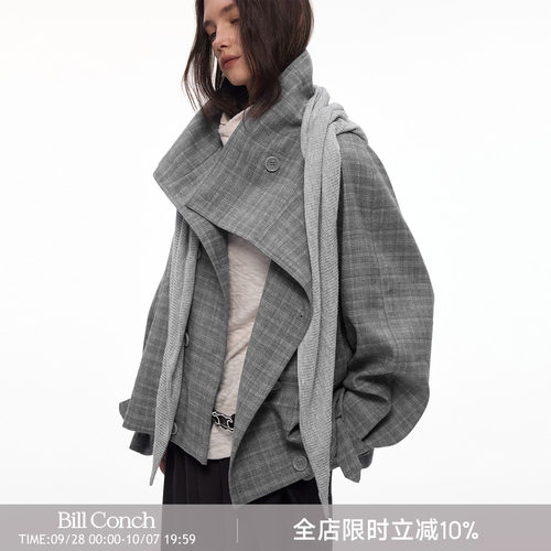 【都市漫行家】BiLLconch高智感·灰色格纹翻领格子外套披肩风衣