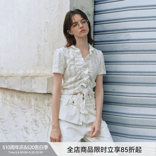 【未完成波浪】BiLLconch原创蕾丝抽皱荷叶飘带上衣浅色系短袖