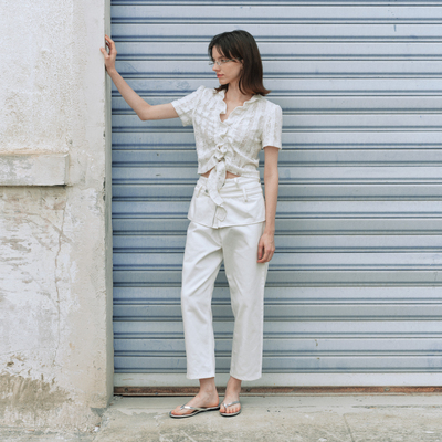 白色休闲层次九裤子春夏