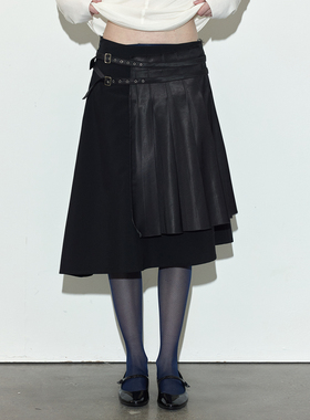 【不对称拼接】Berlinconch黑色半身裙双腰带高腰a字裙2024年秋冬