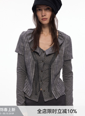 【层叠圆舞曲】BiLLconch波点荷叶拼接扎染上衣修身假两件开衫女