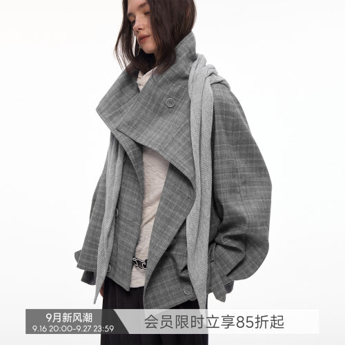 【都市漫行家】BiLLconch高智感·灰色格纹翻领格子外套披肩风衣