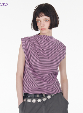 【做褶层次】 BiLLconch原创复古条纹女百搭无袖美式T恤无袖背心
