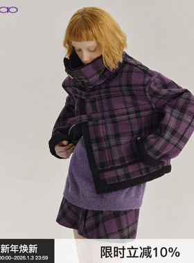 【不对称门襟】NOCAO PROJECT紫色格纹秋冬短款宽松女羊毛外套