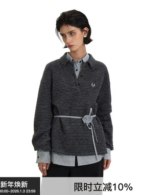 【条纹POLO】BiLLconch灰色条纹刺绣上衣宽松休闲翻领长袖polo女