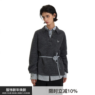 polo女 BiLLconch灰色条纹刺绣上衣宽松休闲翻领长袖 条纹POLO