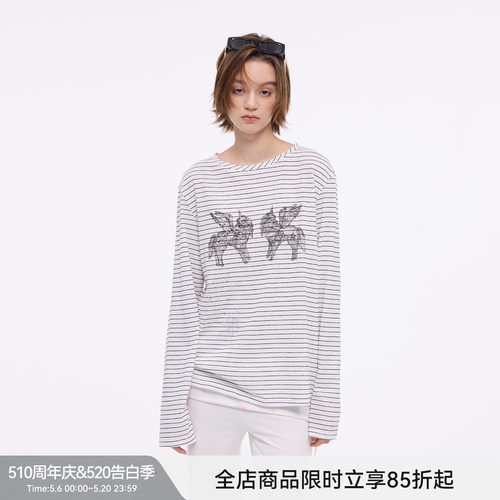 【烟花小马】BiLLconch烫钻条纹长袖t恤女小马印花薄款罩衫上衣