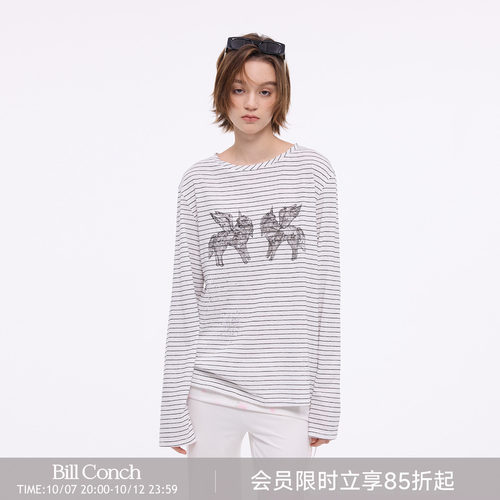 【烟花小马】BiLLconch烫钻条纹长袖t恤女小马印花薄款罩衫上衣