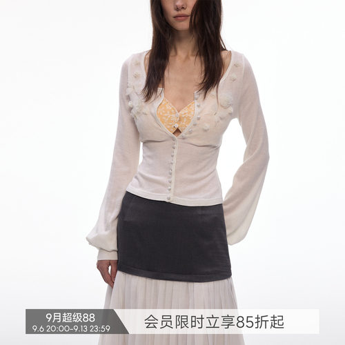 【晨雾花园】BiLLconch白色手工订花针织开衫修身薄款纯欲风上衣