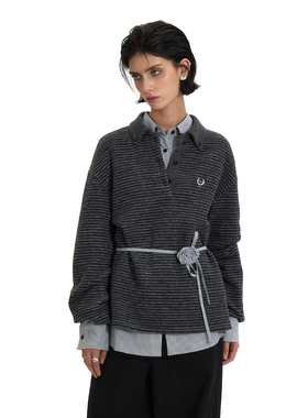 【条纹POLO】BiLLconch灰色条纹刺绣上衣宽松休闲翻领长袖polo女