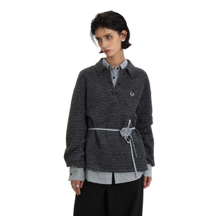 BiLLconch灰色条纹刺绣上衣宽松休闲翻领长袖 polo女 条纹POLO