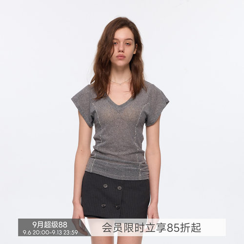 【钻石微光】BiLLconch设计感镶钻v领短袖t恤女拼接显瘦上衣夏季