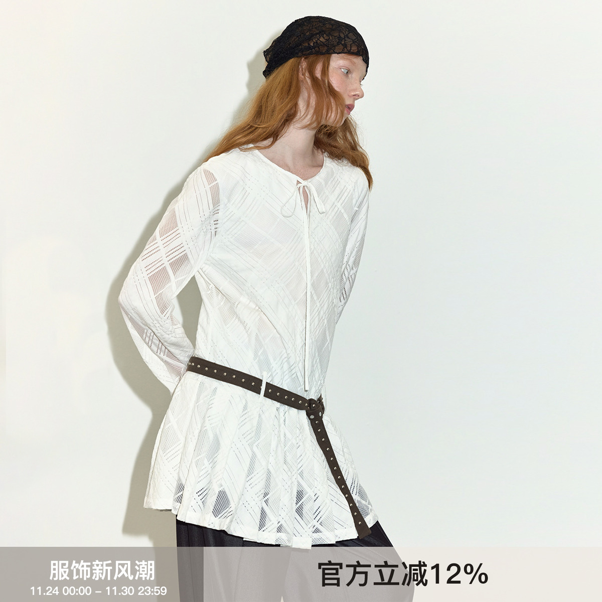 复古风白色格纹长袖连衣裙