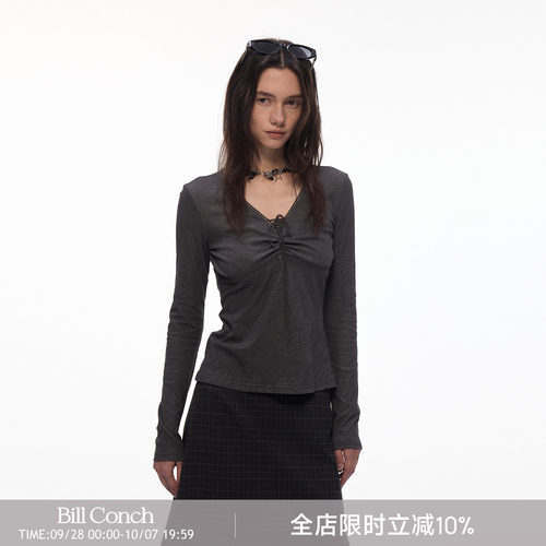 【雾染绑带】BiLLconch抽褶V领绑带长袖T恤女显瘦设计感打底衫