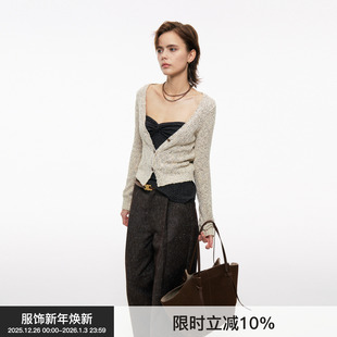 奶杏色基础百搭短款 BiLLconch花纱V领针织开衫 上衣 V领开衫