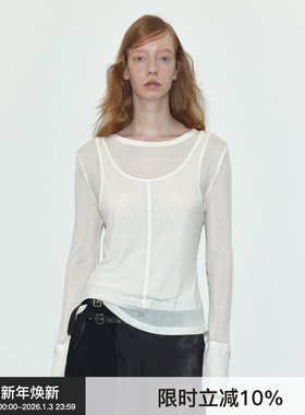 【天丝打底】Berlinconch假两件圆领长袖白色针织上衣2025年春夏
